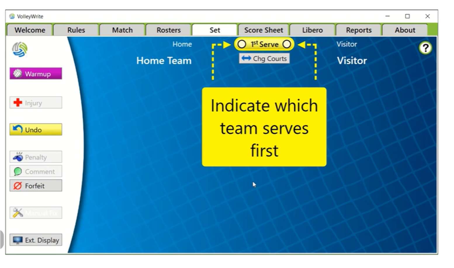 VolleyWrite asking which team serves first, with Chg Courts above