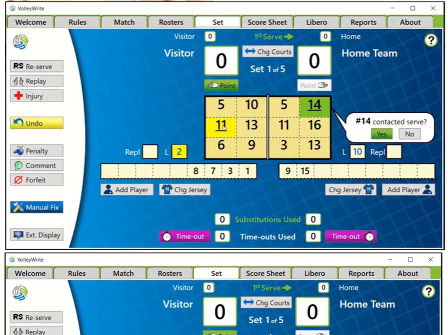 VolleyWrite court view highlighting libero boxes before first serve