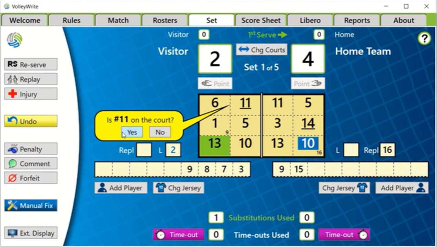 VolleyWrite asking whether player 11 is on the court during a libero exchange