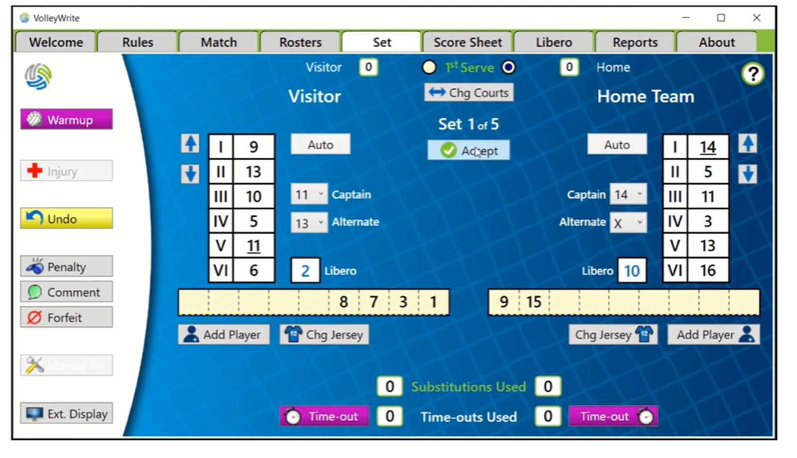 Completed VolleyWrite lineup with captain, alternate, libero, and Accept controls