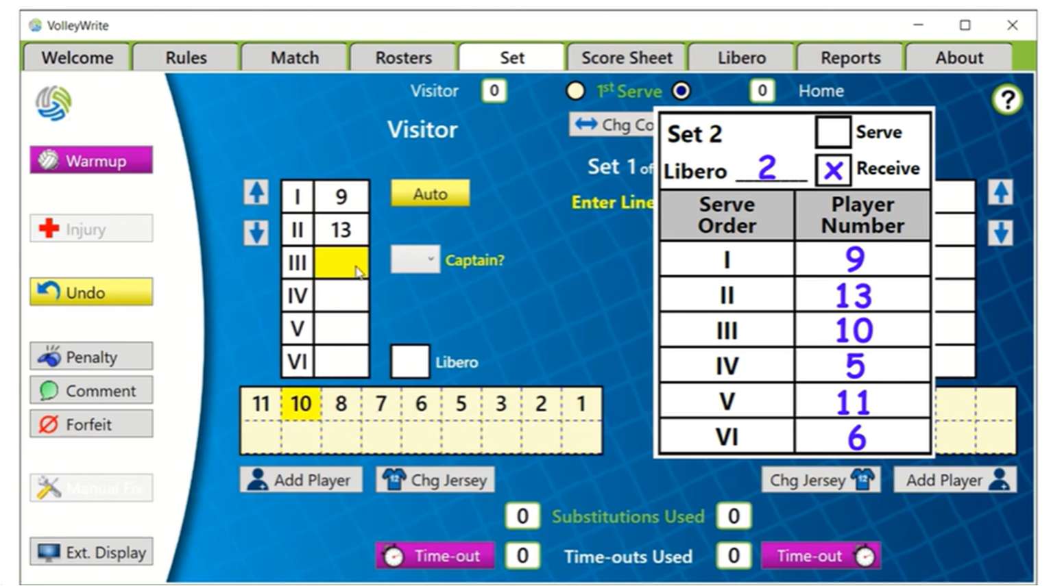 VolleyWrite lineup entry with the Auto button and positions I through VI