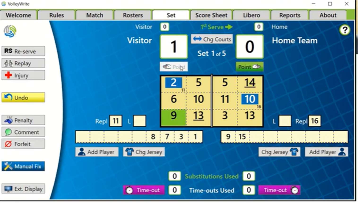 VolleyWrite scoring screen with Point buttons above each team