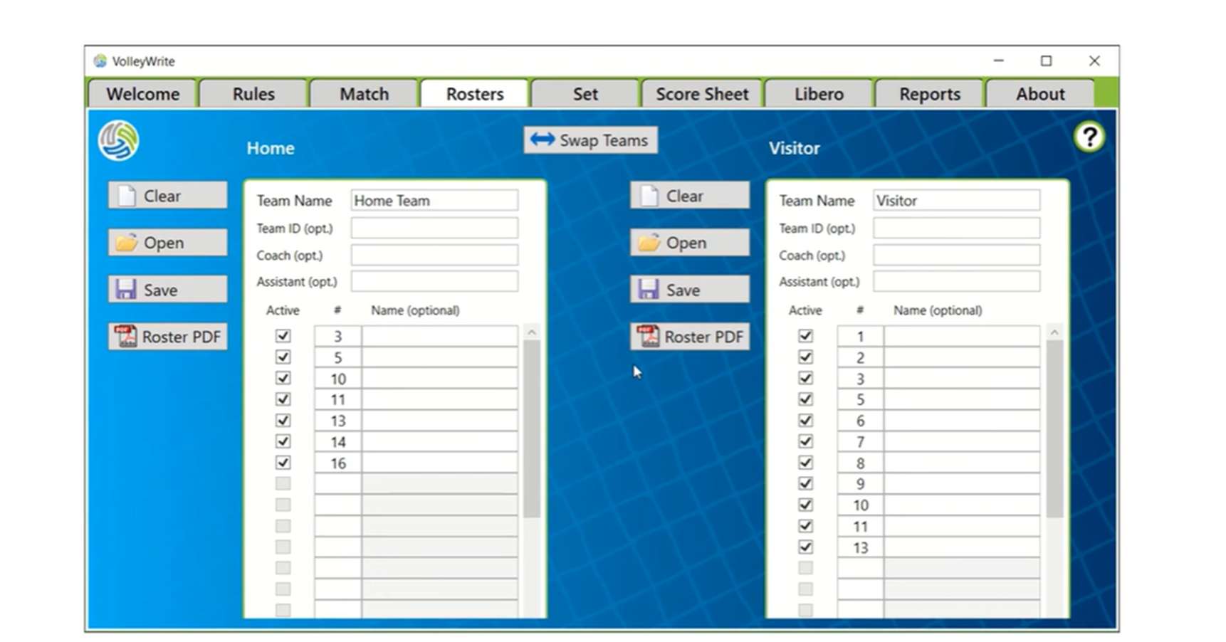 VolleyWrite Rosters screen with Home and Visitor player numbers