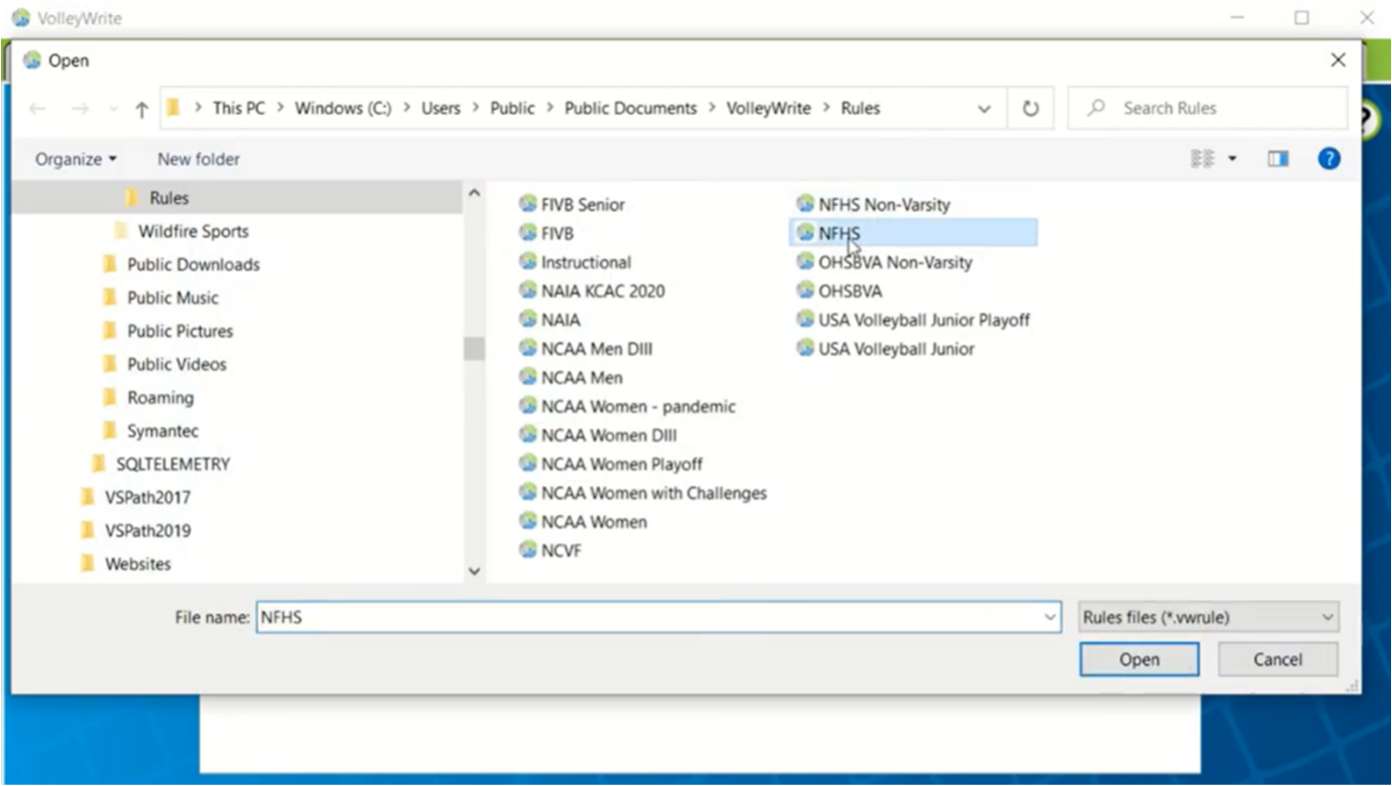 Windows file picker showing NFHS selected in the VolleyWrite Rules folder