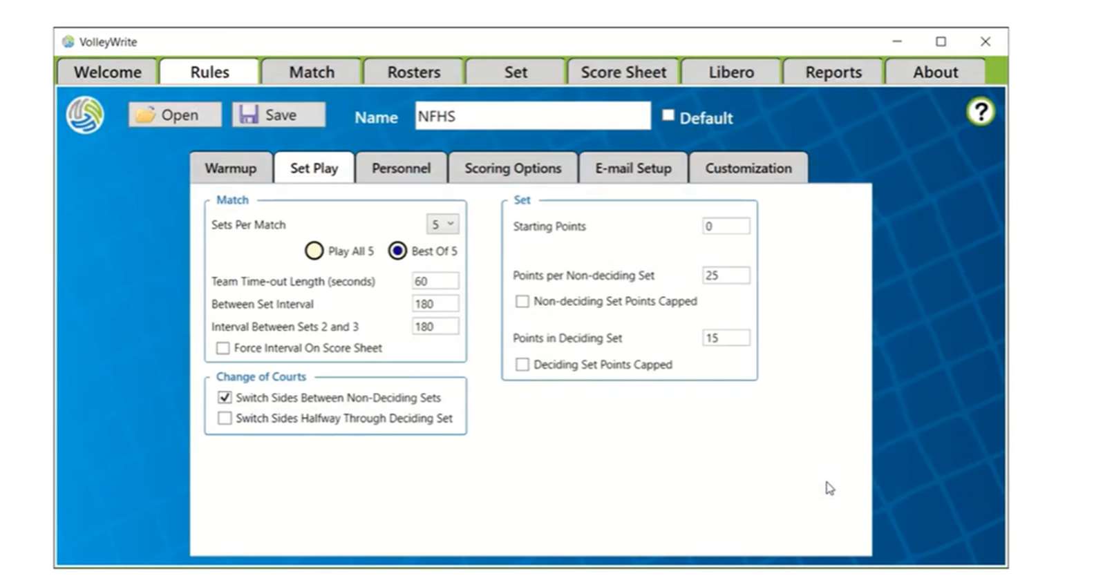VolleyWrite Rules screen configured for an NFHS best-of-five match