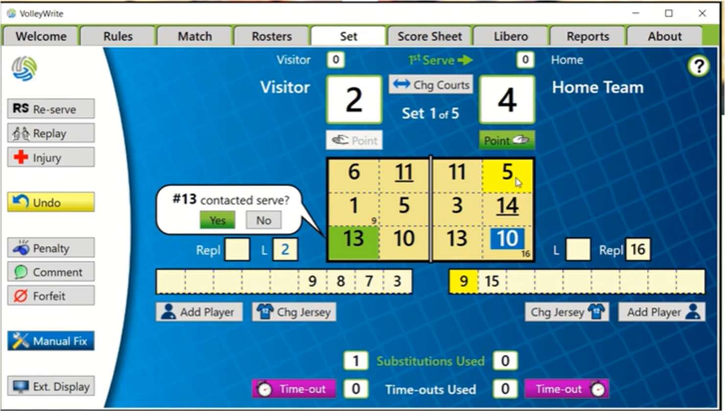 VolleyWrite court rotation with player and libero boxes during scoring