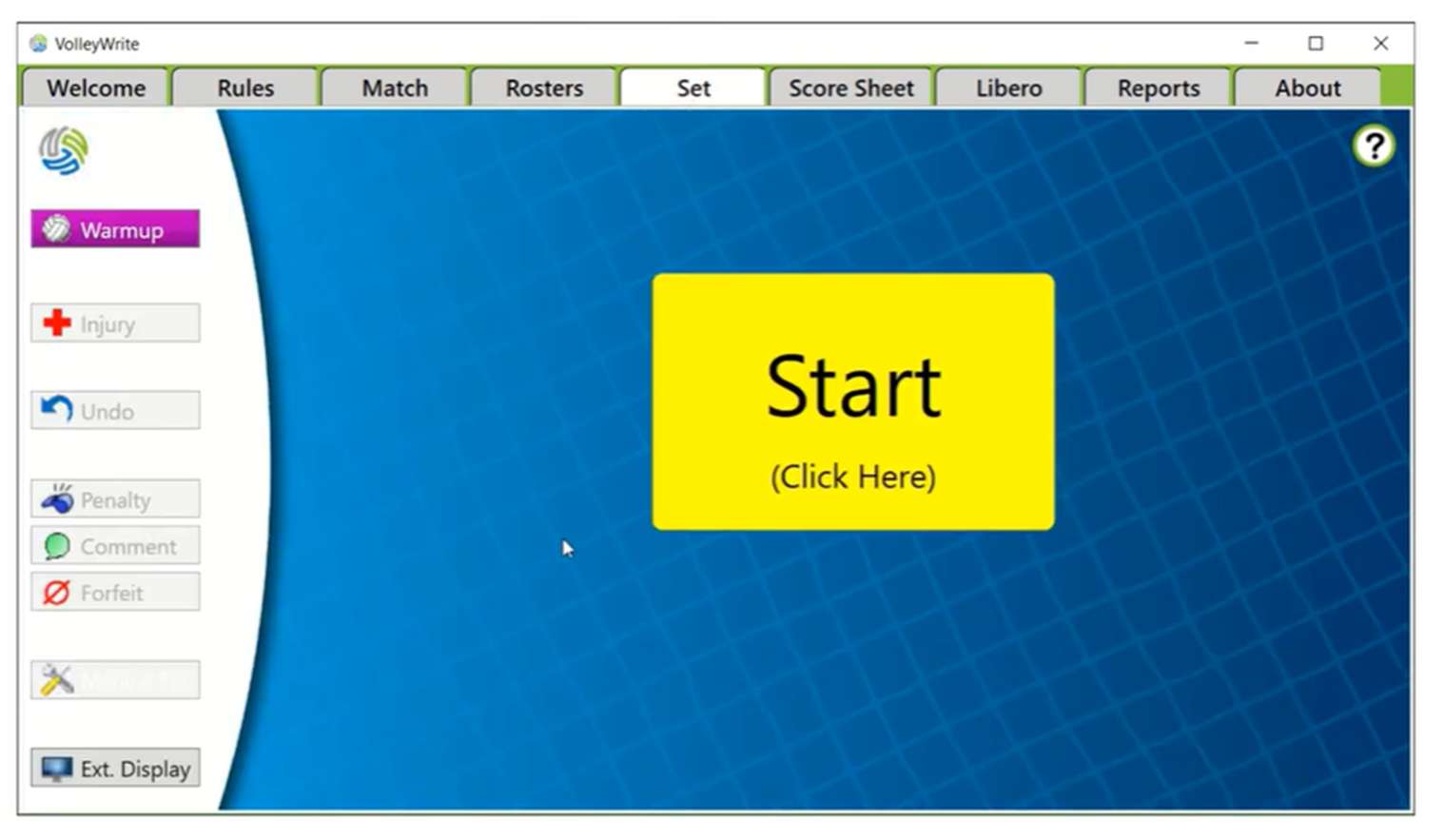 VolleyWrite Set screen with a large yellow Start button