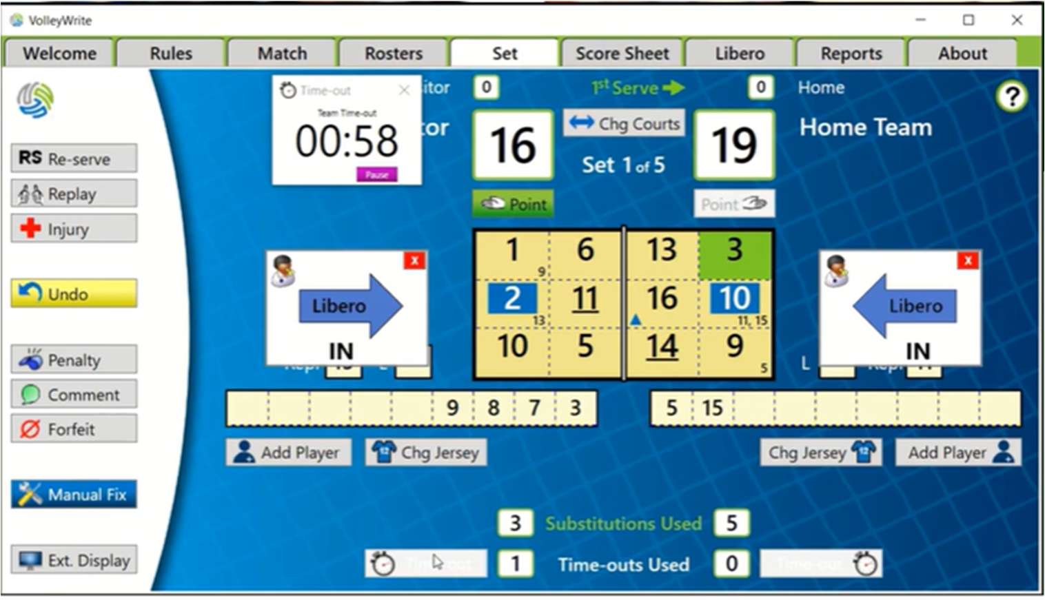 VolleyWrite during a team timeout with a one-minute countdown window