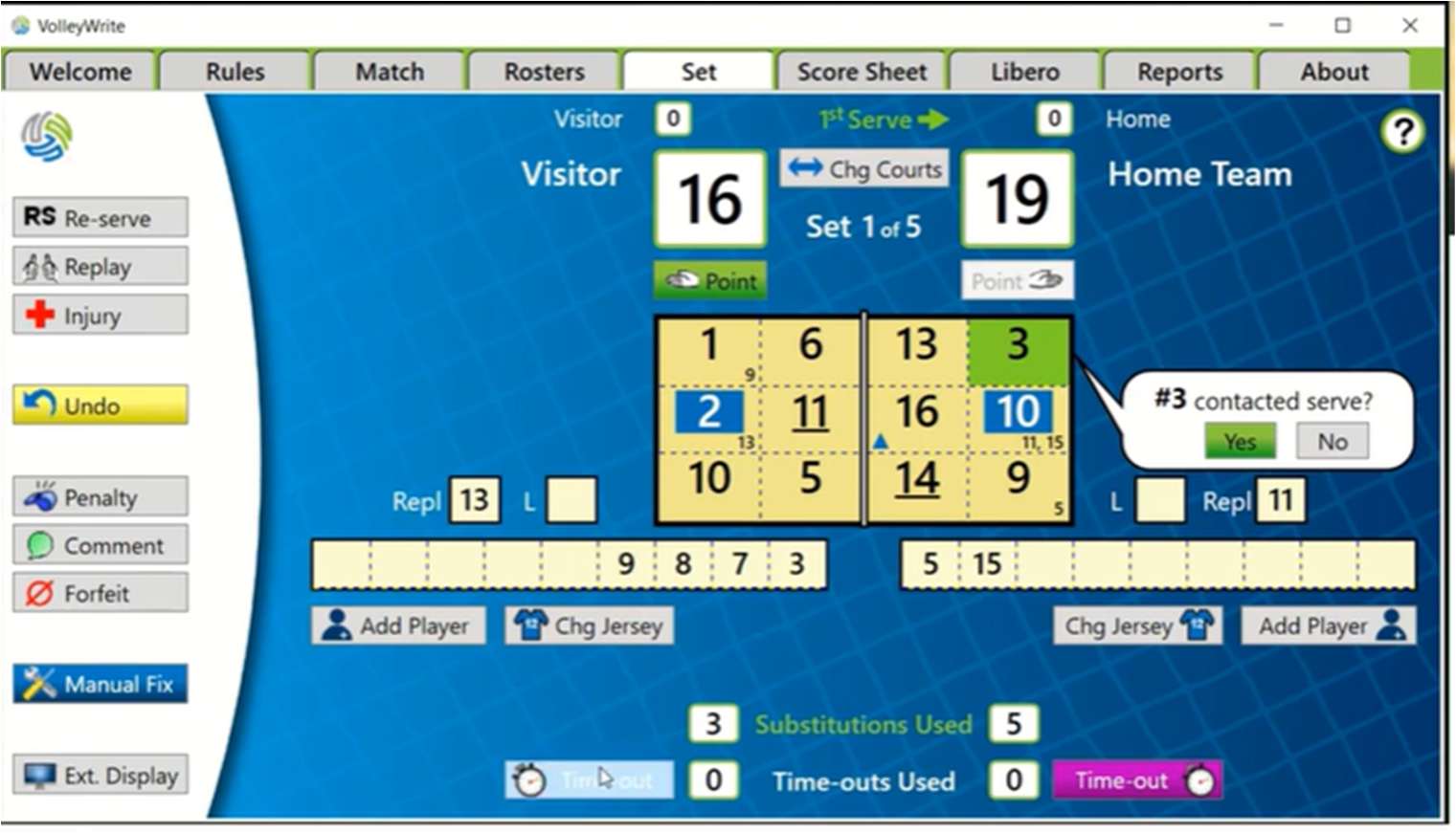 VolleyWrite screen with a Time-out button below each team
